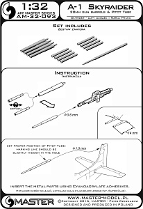 Aircraft detailing sets (brass) 1/32 Douglas A-1D Skyraider - 20mm cannon barrels and Pitot Tube (designed to be used with Trumpeter and Zoukei-Mura kits)[A-1H A-1J] 