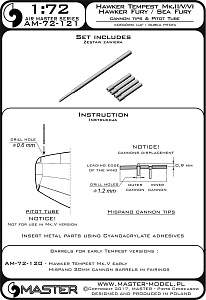 Aircraft detailing sets (brass) 1/72 Hawker Tempest Mk.II/Mk.V/Mk.VI and Hawker Fury/Sea Fury - Hispano Mk.V cannon barrel tips and Pitot Tube