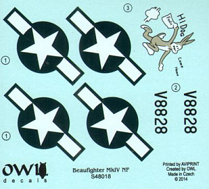 Decal 1/48 Bristol Beaufighter Mk.VIF V8828, Hi Dog 417th NFS (Owl Decals)