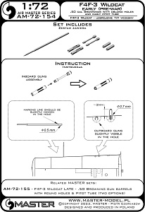 Aircraft detailing sets (brass) 1/72 Grumman F4F-3 Wildcat EARLY (pre-war) - .50 Browning gun barrels with oblong holes & early Pitot Tube 