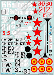 Decal 1/32 Polikarpov I-16 family Decal consist from 4 big sheets and include 50 versions of this aircraft (Begemot)