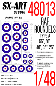 Paint Mask 1/48 RAF ROUNDELS TYPE A (55", 50", 40", 35", 25")