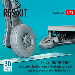 Additions (3D resin printing) 1/48 Republic F-105 Thunderchief air intakes, landing gears with wheels bays and weighted wheels set (ResKit)