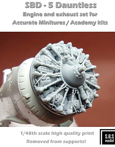 Additions (3D resin printing) 1/48 Douglas SBD-5 Dauntless engine & exhaust set (3D-Printed) (designed to be used with Academy and Accurate Miniatures kits)