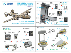 B-24D/B-24J Liberator,  Nose, central and rear compartments 3D-Printed & coloured Interior on decal paper (Hobby Boss)