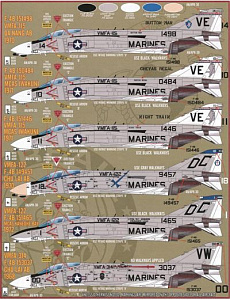 Decal 1/48 McDonnell F-4B/J Phantom sheet featuring options for 18 United States Marine Corps aircraft from the Vietnam era