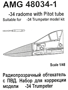 Additions (3D resin printing) 1/48 Su-34 Radio Transparent Fairing and Pitot tube (Amigo Models)