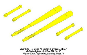 Aircraft detailing sets (brass) 1/72 B wing armament for British Spitfire Mk.I to V hispano 20mmx2.Browing 30 tips x4