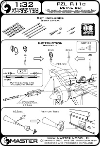 Aircraft detailing sets (brass) 1/32 PZL P.11c - details set - wz. 33 machine gun barrels, gunsight and Venturi Tube (designed to be used with IBG and Silver Wings kits) 