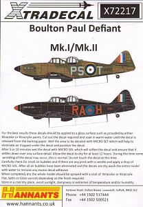 Decal 1/72 Boulton-Paul Defiant Mk.Is (10) (Xtradecal)