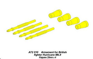 Aircraft detailing sets (brass) 1/72 Armament for British fighter Hurricane Mk.II Hispano 20mm (4 Pcs.)