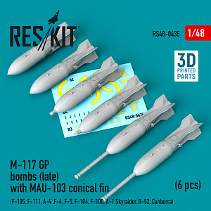 Additions (3D resin printing) 1/48 M-117 GP bombs (late) with MAU-103 conical fin (6 pcs) (ResKit)