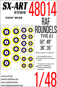 Paint Mask 1/48 RAF ROUNDELS TYPE A1 (56", 49", 36", 35")