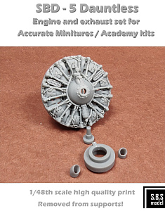 Additions (3D resin printing) 1/48 Douglas SBD-5 Dauntless engine & exhaust set (3D-Printed) (designed to be used with Academy and Accurate Miniatures kits)